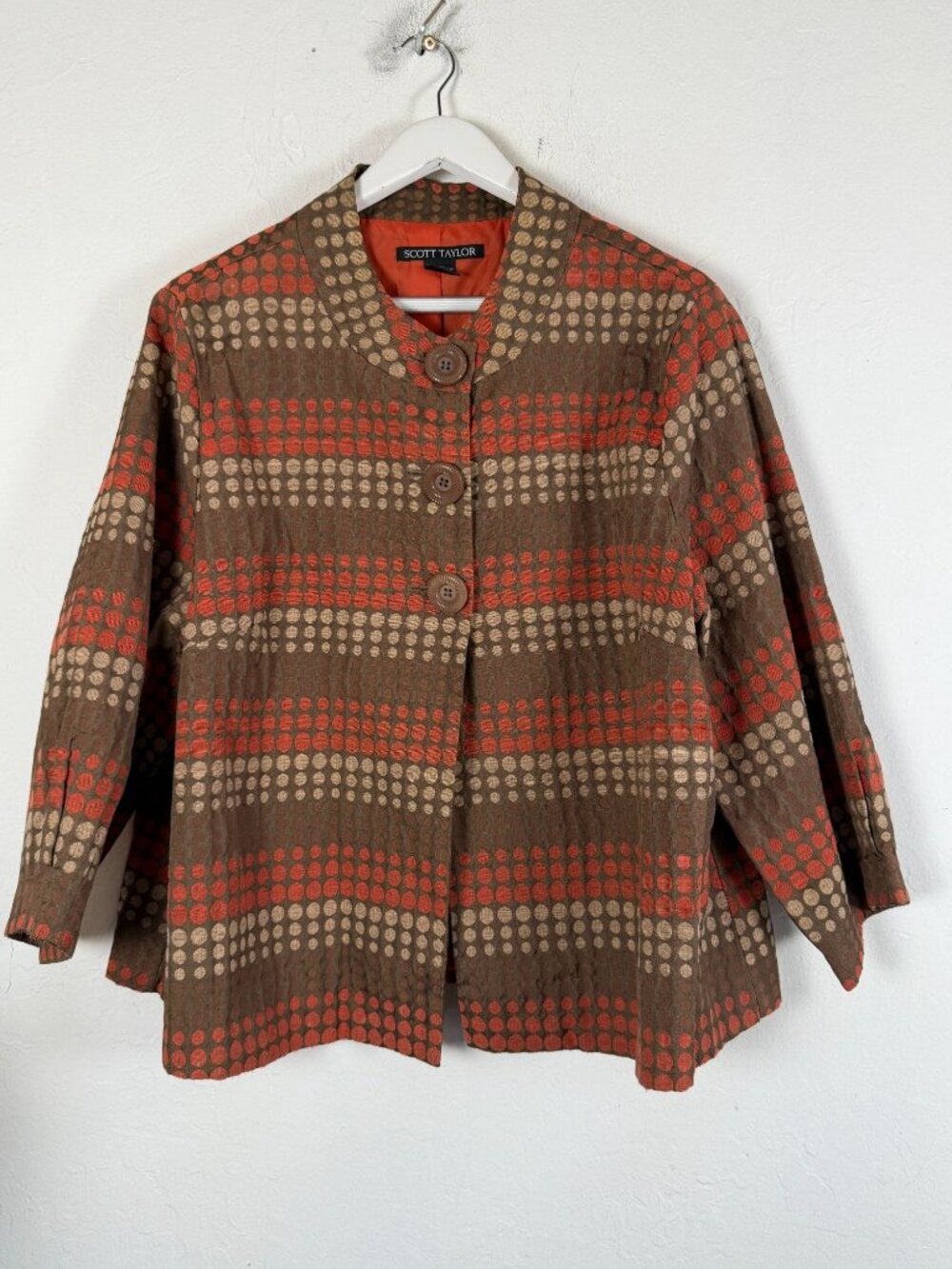 Scott Taylor Womens Brown Orange Polka Dot Jacket Mandarin Collar Plus Size 2X